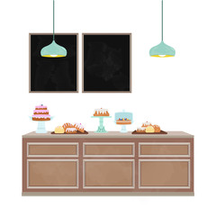 Bakery counter illustration with blank chalkboard messaging space. Interior vector illustration set.