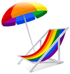 Rainbow lgbt umbrella and chair symbol summer beach vacation - obrazy, fototapety, plakaty