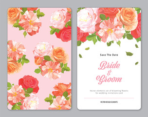Beautiful orange roses flower background template. Vector set of blooming floral for holiday invitations, greeting card and fashion design.