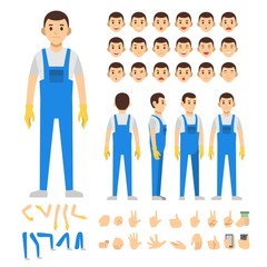 cleaning service man character set. Full length. Different view, emotion, gesture.

