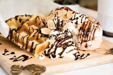 Ice cream dessert  and waffle.