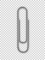 Metal paper clip isolated object on transparent background. Realistic stationery vector element. Device for binding sheets of paper together. Mockup paper clip attachment. Documents organization