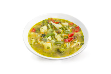 Bowl of the vegetable soup on a white background