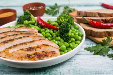 Fried chicken breast with green vegetables