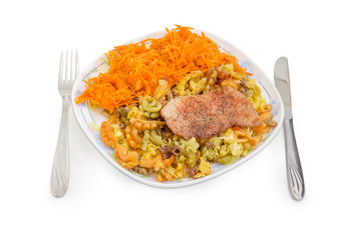 Boneless pork chop with pasta, carrot salad and cutlery