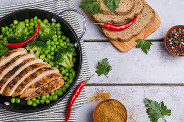 Fried chicken breast with green vegetables