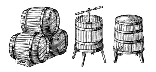 Wooden barrels and press. Vector sketch illustration