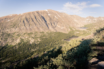 Landscape view of lakes at the bottom of mountains in Colorado. 