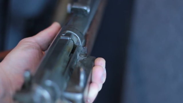 Bullets loaded into the chamber of this old gun.