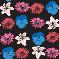 Bright backdrop with hand drawn flowers on a black background. Various buds. Lily, daisy, pansies. Floral vector seamless pattern.