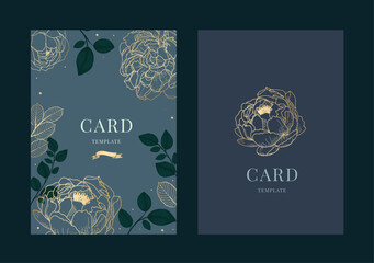 Wedding Invitation pink peony with golden rose and tropical palm leaf greenery eucalyptus branches decorative