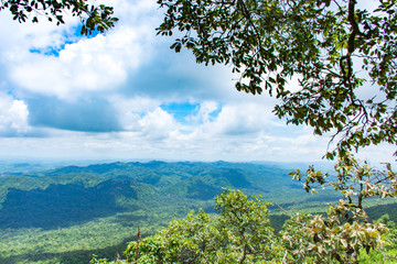 Fototapeta na wymiar The point of view of the mountains and the town of Chaiyaphum at Pha Sut Pen Din in Pa Hin Ngam National Park , Chaiyaphum in Thailand.