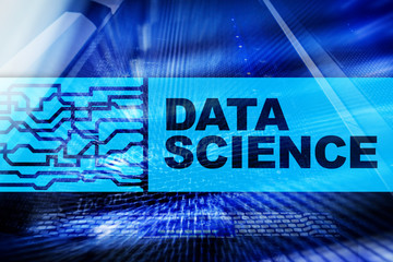 Data science, business, internet and technology concept on server room background.