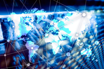 World map with communication network on server room background.