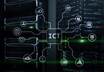 ICT - information and communications technology concept on server room background.