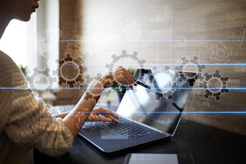 Gears on virtual screen. Business strategy and technology concept. Automation process.