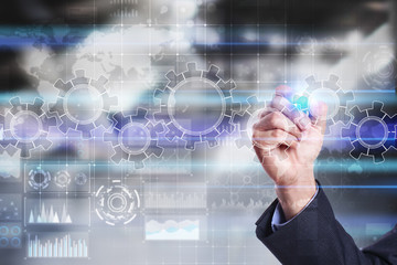 Gears on virtual screen. Business strategy and technology concept. Automation process.