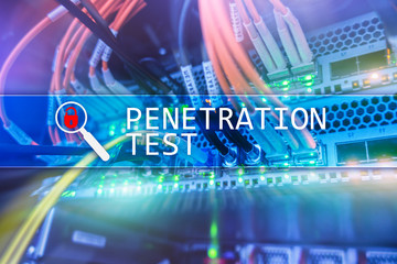 Penetration test. Cybersecurity and data protection. Hacker attack prevention. Futuristic  server room on background.
