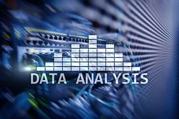 Big Data analysis text on server room background. Internet and modern technology concept.