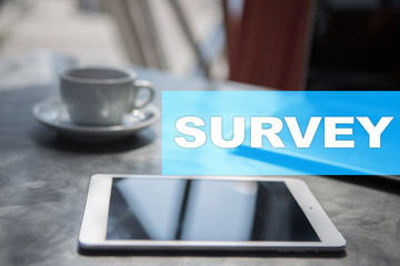 Survey text on virtual screen. Feedback and customers testimonials. ?Business internet and technology concept.?