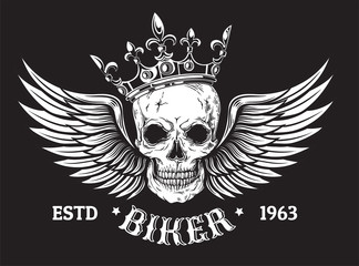Human skull with wings and crown for tattoo design. vector illustration