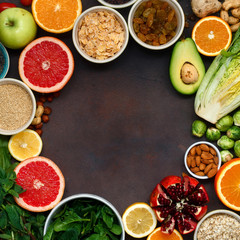 Frame vegetarian healthy food vegetables fruits superfood seeds cereal Clean