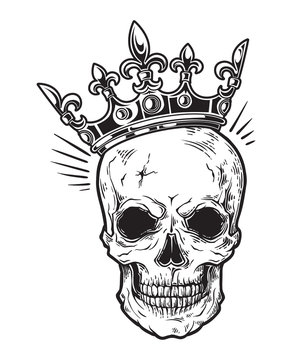 Human skull with crown for tattoo design. vector illustration