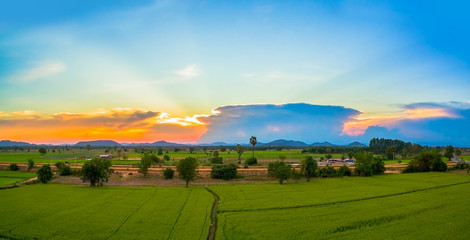 aerial view scenery sunset on new route pass in the rice field. under construction new motorway connect to Myanmar.