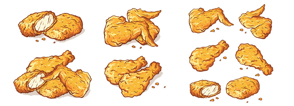 leg wings and nuggets Fried Chicken Isolated Set vector illustration
