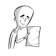 Hombre mostrando un papel en blanco sobre fondo blanco