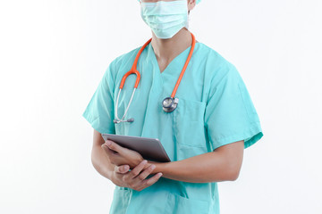 doctor working on digital tablet 