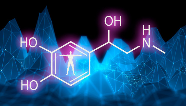 Chemical molecular formula hormone adrenaline. Infographics illustration. Man silhouette. Low poly mountains landscape backdround. 3D rendering