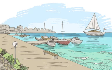 Foto auf Acrylglas Seebrücke Seafront Pier Grafik Yacht Farbe Seelandschaft Skizze Illustration Vektor