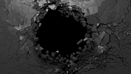 Hole on a broken black wall blank space. 3d illustration.
