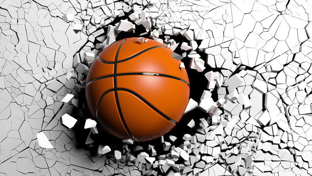 Basketball ball breaking forcibly through a white wall. 3d illustration.
