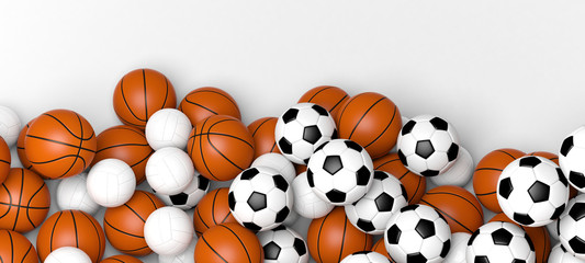 Basketball, volleyball and soccer balls on a white wall banner with blank space. 3d illustration.