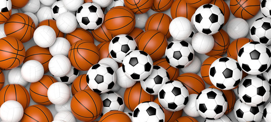 Sports concept. Basketball, volleyball and soccer balls, banner. 3d illustration. © viperagp