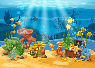 Underwater treasure, chest at the bottom of the ocean, gold, jewelry on the seabed. Underwater landscape, corals, seaweed, tropical fish, vector, cartoon style, isolated