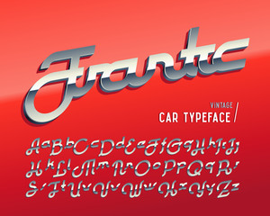 Vintage car typeface named "Frantic" with crome 3d effect on glossy red background