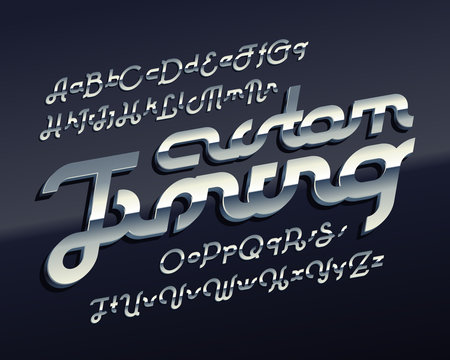 Vector 3d metallic font named "Custom Tuning" on a dark background