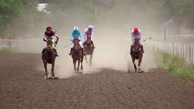 Four Riders on Horse Races. Slow Motion
