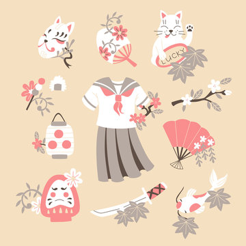 Japan Colored Doodle Sketch Elements Set: School Uniform, Katana, Koi, Lucky Cat and Paper Lantern.