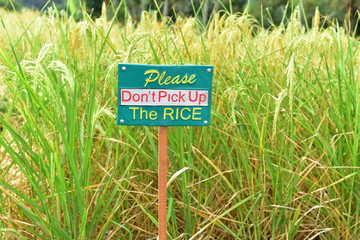 The warning sign for tourists visiting Jatiluwih Rice Terraces in Bali, Indonesia