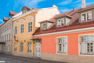 Tallinn in Estonia, colorful houses in the medieval city, typical buildings
