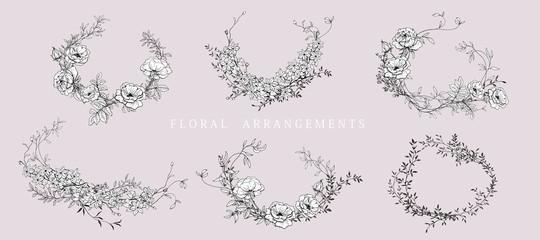 Floral bouquet design. Wedding invitation arrangement. Botanical frame.