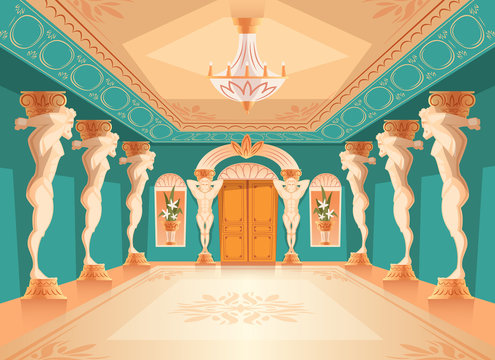 Vector dancing hall with atlas pillars. Interior of ballroom with titan, atlant columns for dancing, presentation or royal reception. Big room with chandelier in luxury medieval palace.