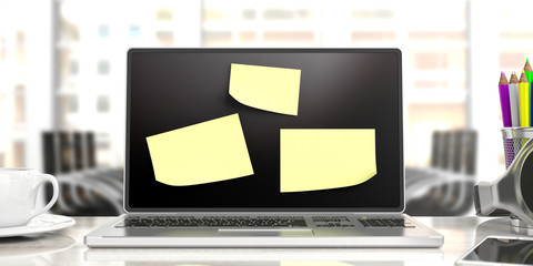 Yellow sticky notes on laptop with blurry office background. 3d illustration.