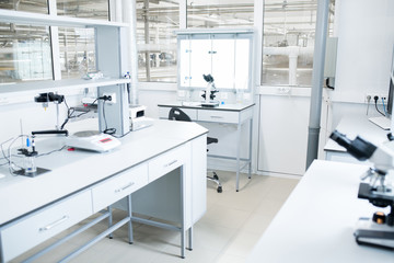 Interior of modern science laboratory with no people, copy space
