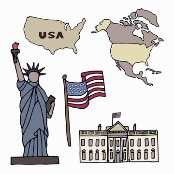 Map of the United States of America and the symbols of America. North America, flag,  Statue of Liberty and the White House. Hand drawn vector