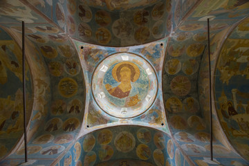 Fototapeta na wymiar FERAPONTOVO, KIRILLOVO, VOLOGDA, RUSSIA - AUGUST 20, 2017: The Ferapontov Monastery. Interior details of the Cathedral of the Nativity of the Blessed Virgin with frescoes of Dionysius.